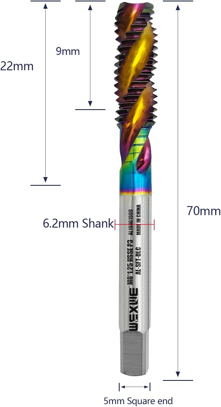 WEXWE Store أدوات M8 x 1.25 طلاء DLC لفتحات لولبية، طقم خيوط ميترية من الفولاذ عالي السرعة كوبالت (HSSCo)، عمود دائري بنهاية مربعة، تحمل H2، 2 قطعة - Image 2